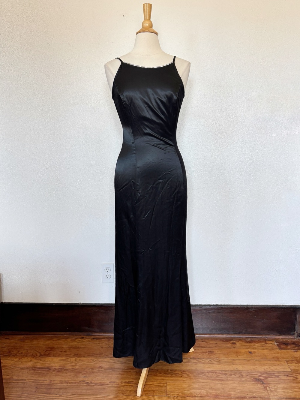 Vintage 90s Solid Black Rhinestone Satin Slip Evening Dress